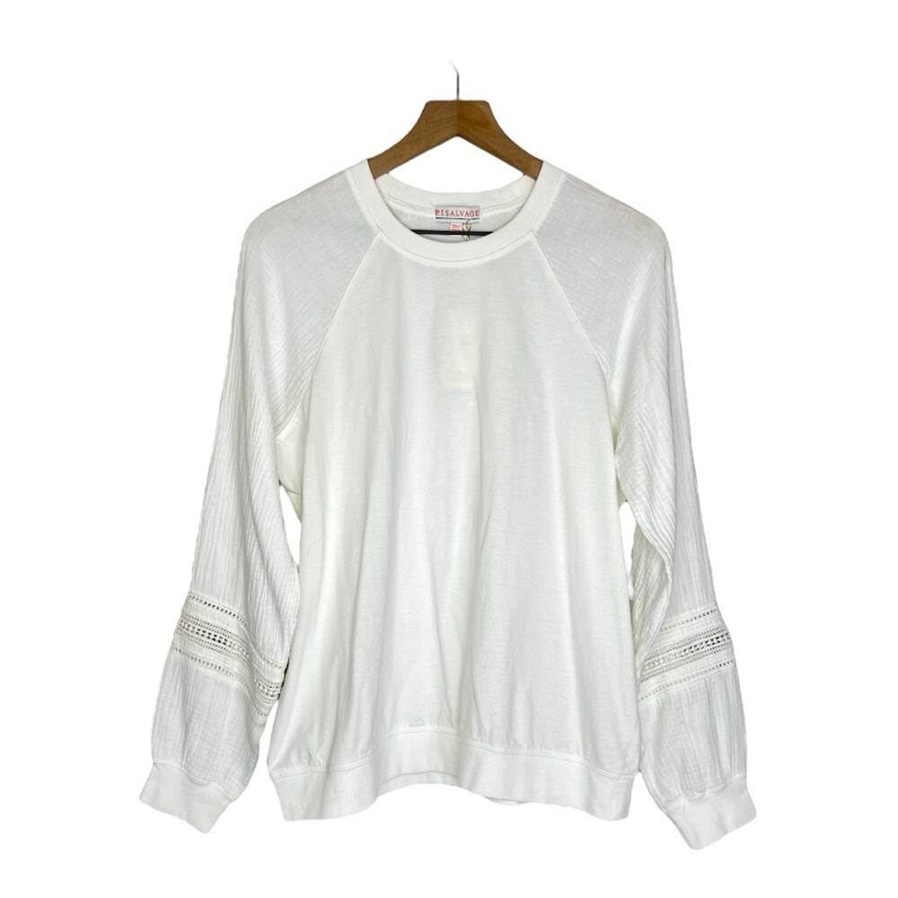 PJ Salvage Gauzin Around Cotton Top Medium White Lace Sleeve Loungewear NWT